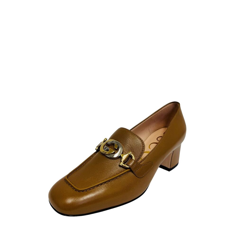 GUCCI Brown Leather Interlocking G Zumi Logo Square Toe Block Heel Loafers 36.5 - Picture 2 of 10